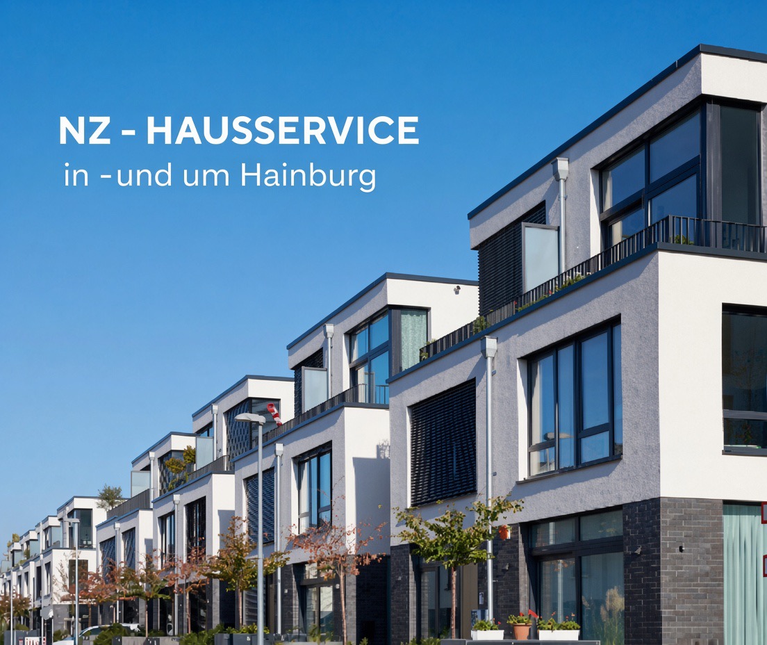 Moderne Wohnanlage mit Balkonen und Fenstern, blauer Himmel; Text „NZ-Hausservice in- und um Mainz“.